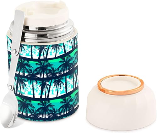 Tropical Palms Tree Plants Food Jar with Spoon Stainless Steel Vacuum Insulated Food Container 17 oz Thermos for Adults