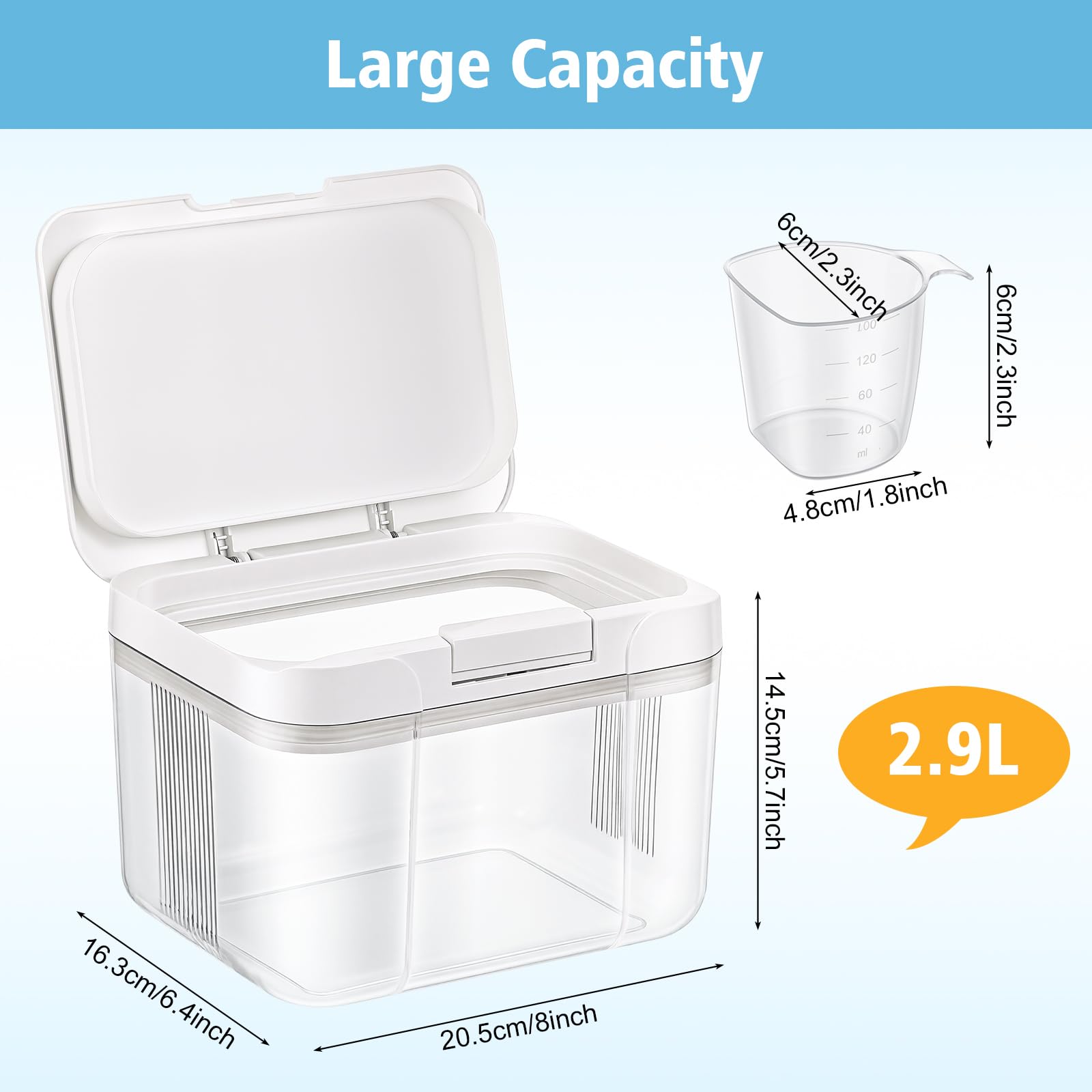 JIZZU Scatola di immagazzinaggio di Pods Detersivo 2,9 L, Dispenser per detersivo liquido in acrilico trasparente, con dosatore e chiusura ermetica, per detergente, perle e booster di profumo