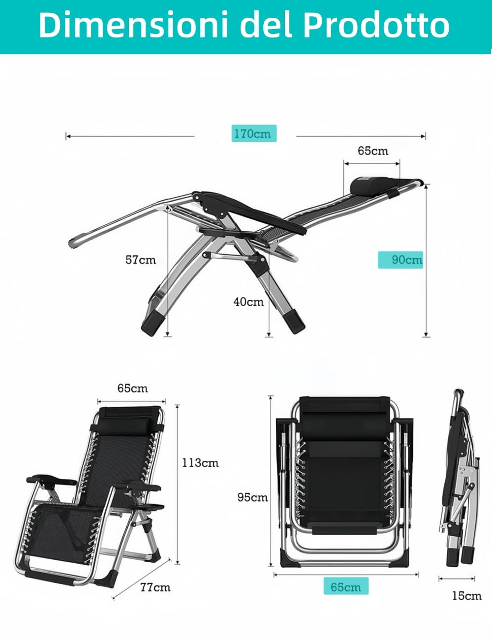 Tumbonas Plegable Jardin Exterior 65cm Ancho Hasta 240KG, Silla Reclinable Jardín con Cojín, Funda y Portavasos, Transpirable Ligera, Tumbona Gravedad Cero Aluminio para Terraza, Piscina y Playa