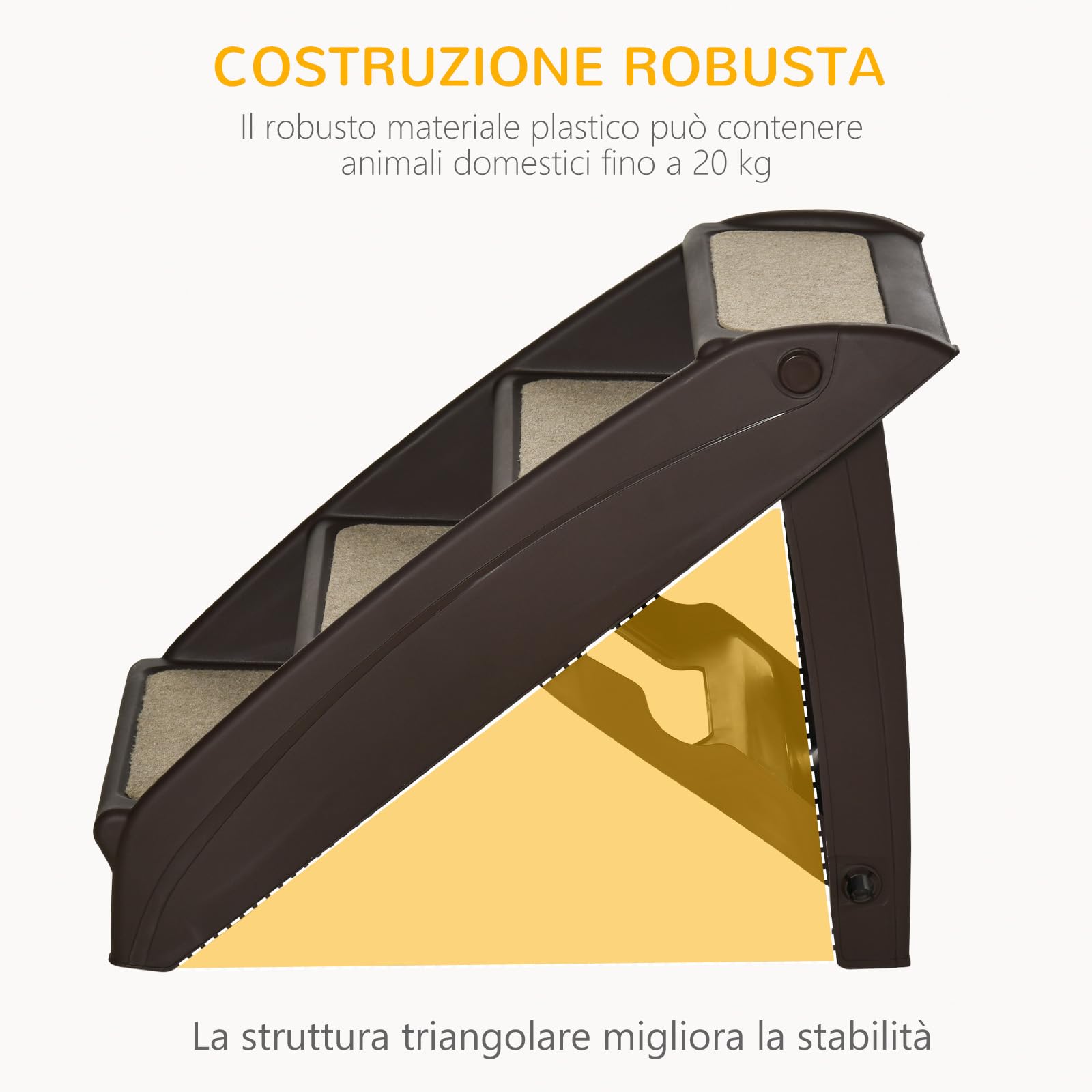 PawHut Scaletta per Cani Pieghevole con 4 Gradini Antiscivolo, Scala per Animali Domestici fino 10 kg in PP, 62x38x49.5cm, Marrone Scuro