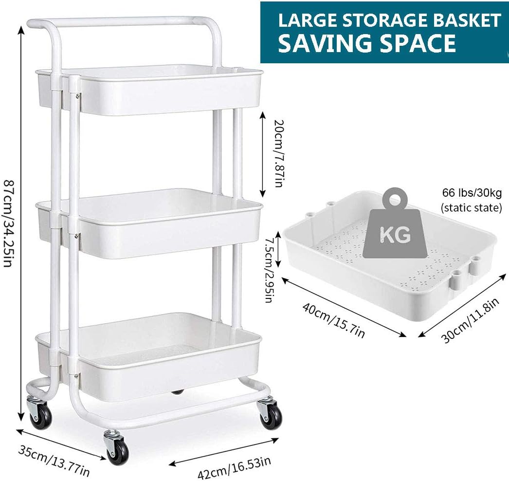 Happikids 3-Tier Rolling Utility Cart Storage Shelves Multifunction Organizer Carts,Heavy Duty Storage Trolley with Handle/Lockable Wheels,Rolling Craft Easy Assembly for Kitchen,Bathroom,Office,White
