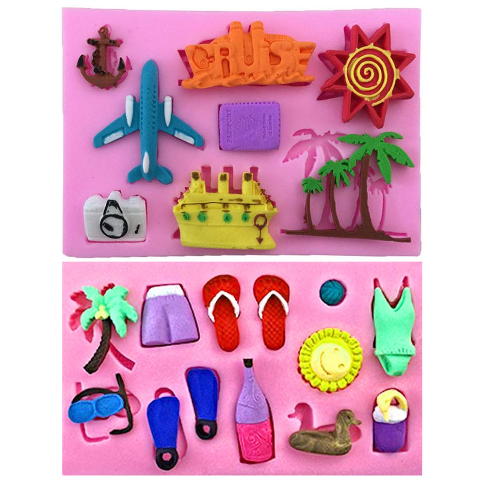 2Pcs/Set Summer Vocation Travel Fondant Molds, Seaside Holiday Silicone Mold for Cake Cupcake Decorating Polymer Clay Mould (Airplane Cruise Liner Camera Coconut Tree Sun Beach Slippers Swimsuit)