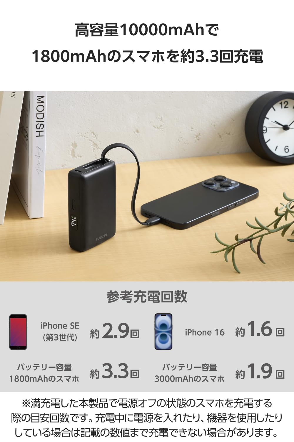 Amazon | エレコム モバイルバッテリー 10000mAh ケーブル一体型 30W