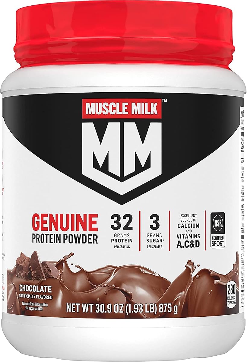 Muscle Milk Genuine Protein Powder, Chocolate, 1.93 Pounds, 13 Servings, 32g Protein, 2g Sugar, Calcium, Vitamins A, C & D, NSF Certified for Sport, Energizing Snack, Packaging May Vary