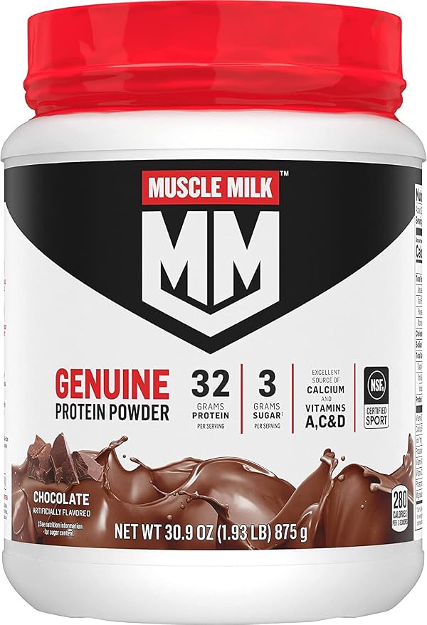 Muscle Milk Proteína Genuina en Polvo, Chocolate, 1.93 Libras, 13 Porciones, 32g de Proteína, 2g de Azúcar, Calcio, Vitaminas A, C y D, Certificado NSF para Deporte, Bocadillo Energizante, El Empaque Puede Variar 1.93 Libras (Paquete de 1)