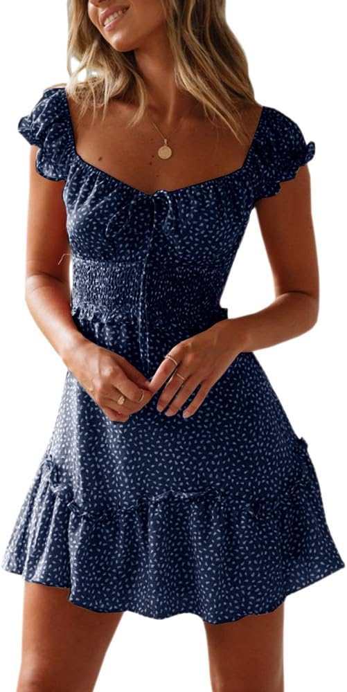 Women Summer Sundress Cap Sleeve Sweetheart Neck Print Mini Dress