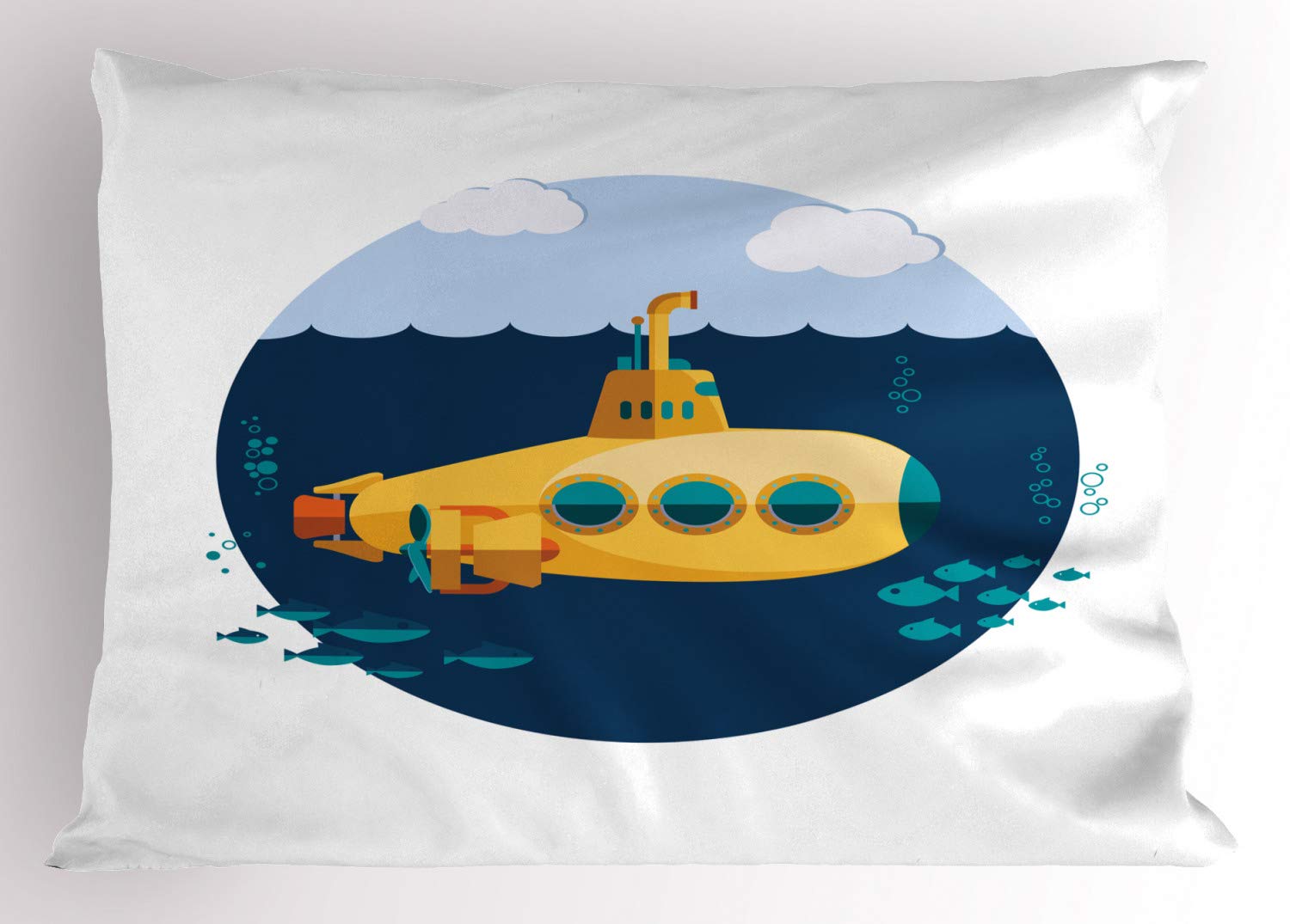 Ambesonne Yellow Submarine Pillow Sham, Nautical Theme Submarine with Bubbles Fish Underwater and Waves Sky, Decorative Standard Size Printed Pillowcase, 26