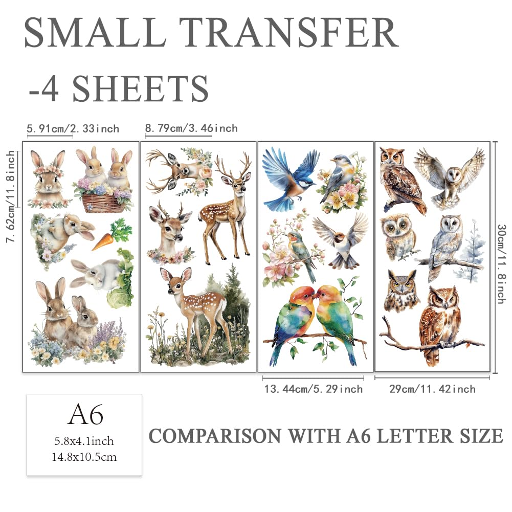 OLYCRAFT 4pcs/Set Animal Rub on Transfers for Furniture and Crafts 15x30cm Rabbit Deer Furniture Decals Owl Bird Parrot Transfer Stickers Rub on Decals for Wood Furniture Home Decoration - Image 2