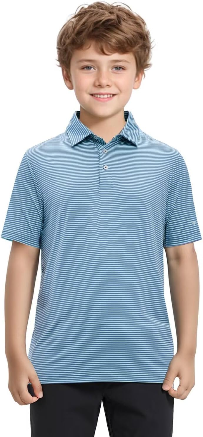 Boys Polo Shirts Short Sleeve Striped Performance Moisture Wicking Dry Fit Golf Shirts for Boys Youth Kids