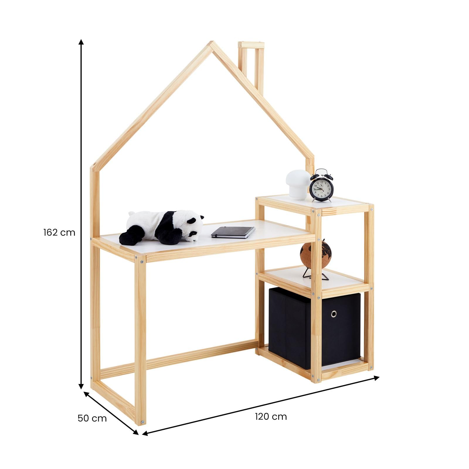 Kinderschreibtisch NIVIA Hausform natur/weiß mit Regal Stauraum gefertigt aus Kiefer Massiv. Stabil langlebig perfekt für Kinderzimmer. Montessori-Möbel ideal für Hausaufgaben oder Bastelarbeiten.