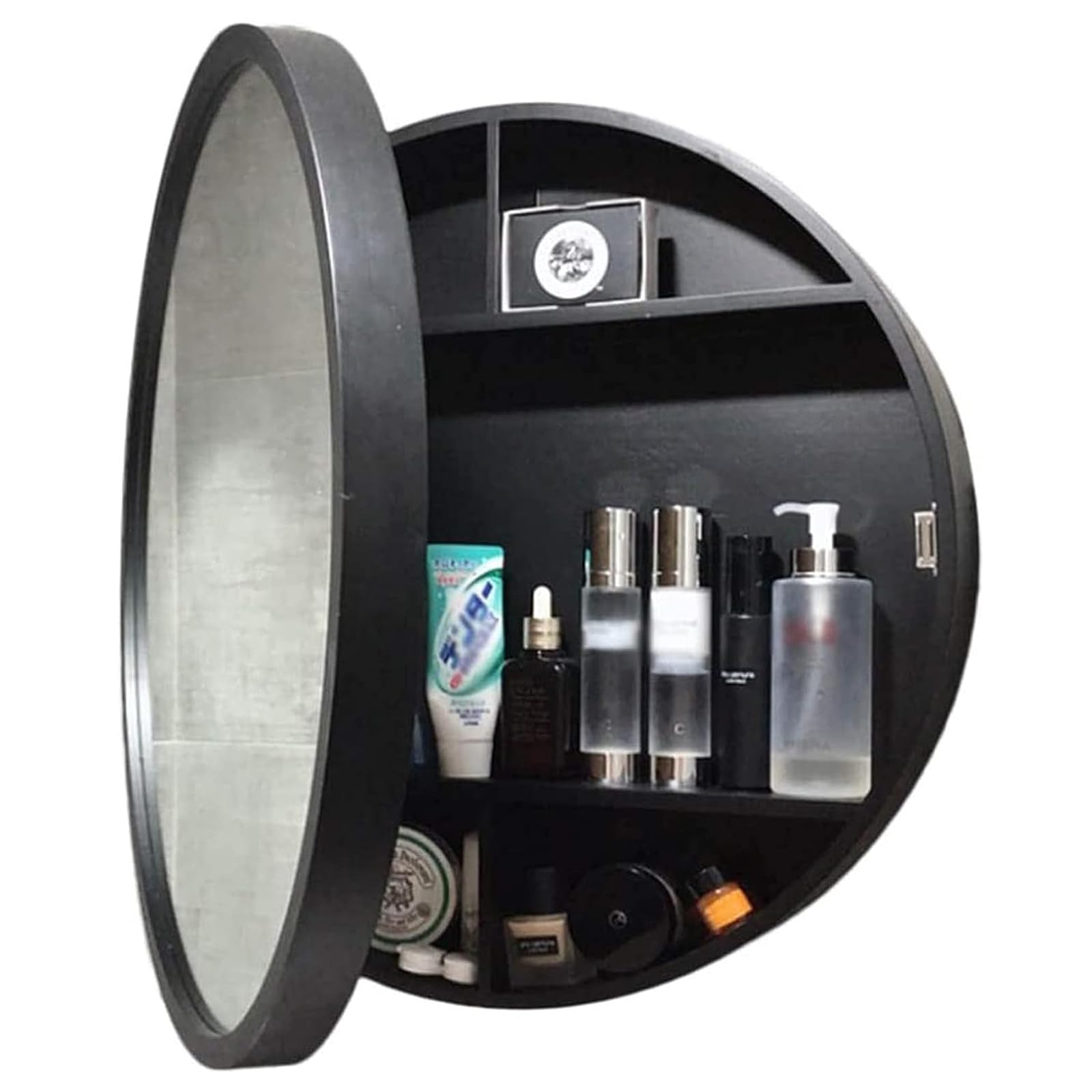 FGXHHS Round Vanity Mirror with 3-Tier Storage Shelves, Wall-Mounted Wooden Medicine Cabinet, Mirrored Doors for Bedroom & Bathroom Decor, Stylish and Functional nizer