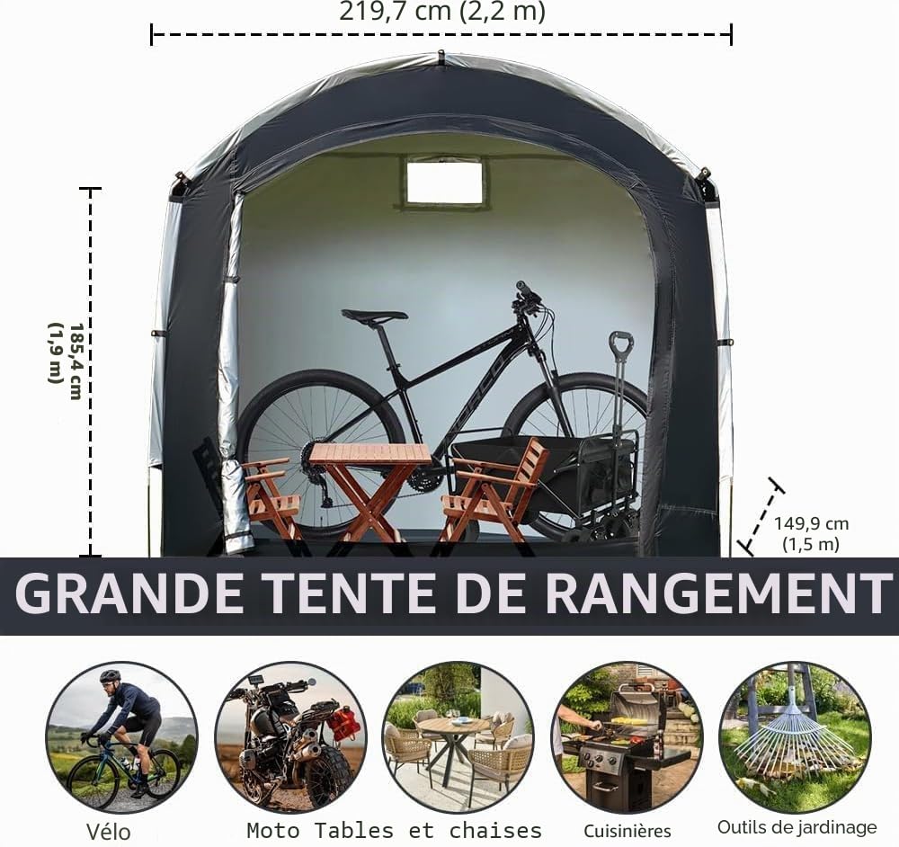 Abri de rangement pour vélo, abri de rangement portable extérieur pour vélo avec tissu Oxford 210D PU4000 imperméable pour 2/3/4/6/8 vélos, abri pour moto, outils de jardin, jouets, pelouse
