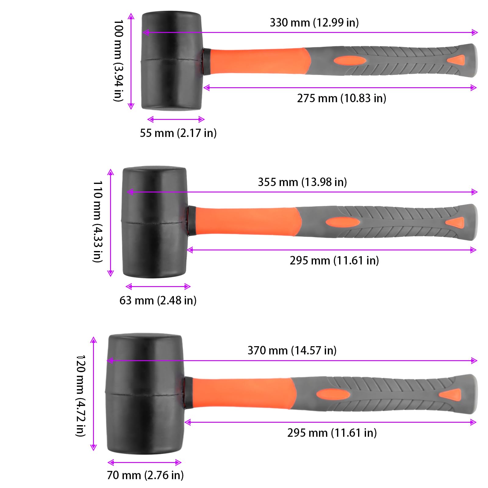 MUKSUET 3 Pcs Rubber Mallet Set (16oz, 24oz, 32oz) with Non-Slip TPR Handle, Solid Rubber Hammer for Woodworking Flooring - Image 2