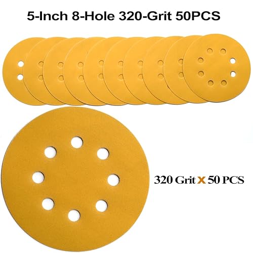 Miniatura 45 de Discos de lija de 5 pulgadas, 8 agujeros, papel de lija de órbita aleatoria de grano 120, paquete de 50