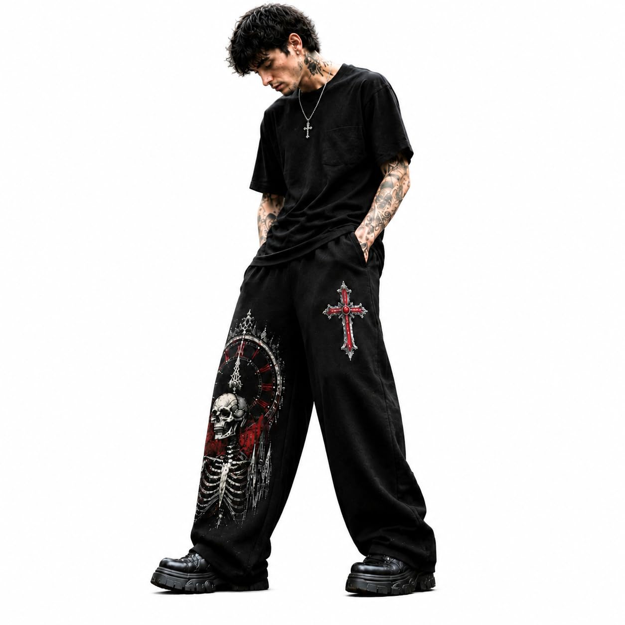 DARREN LUKE Men's Oversized Baggy Jogger Pants | Skeleton & Cross Graphic Printed Leg | Relaxed Fit Streetwear Trousers | Elastic Waist Casual Hip Hop Fashion Bottom Wear-picture-15