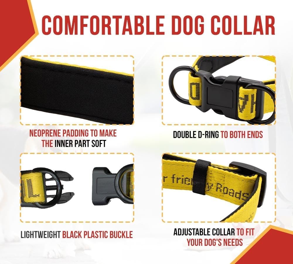 Mytee Products Large Breed Adjustable Dog Collar, Nylon Car Seat Belt Harness, and Poop Bag Holder Set for Male Female Dogs - Neoprene Padded Collar, Leak-Proof Waste Bag Dispenser
