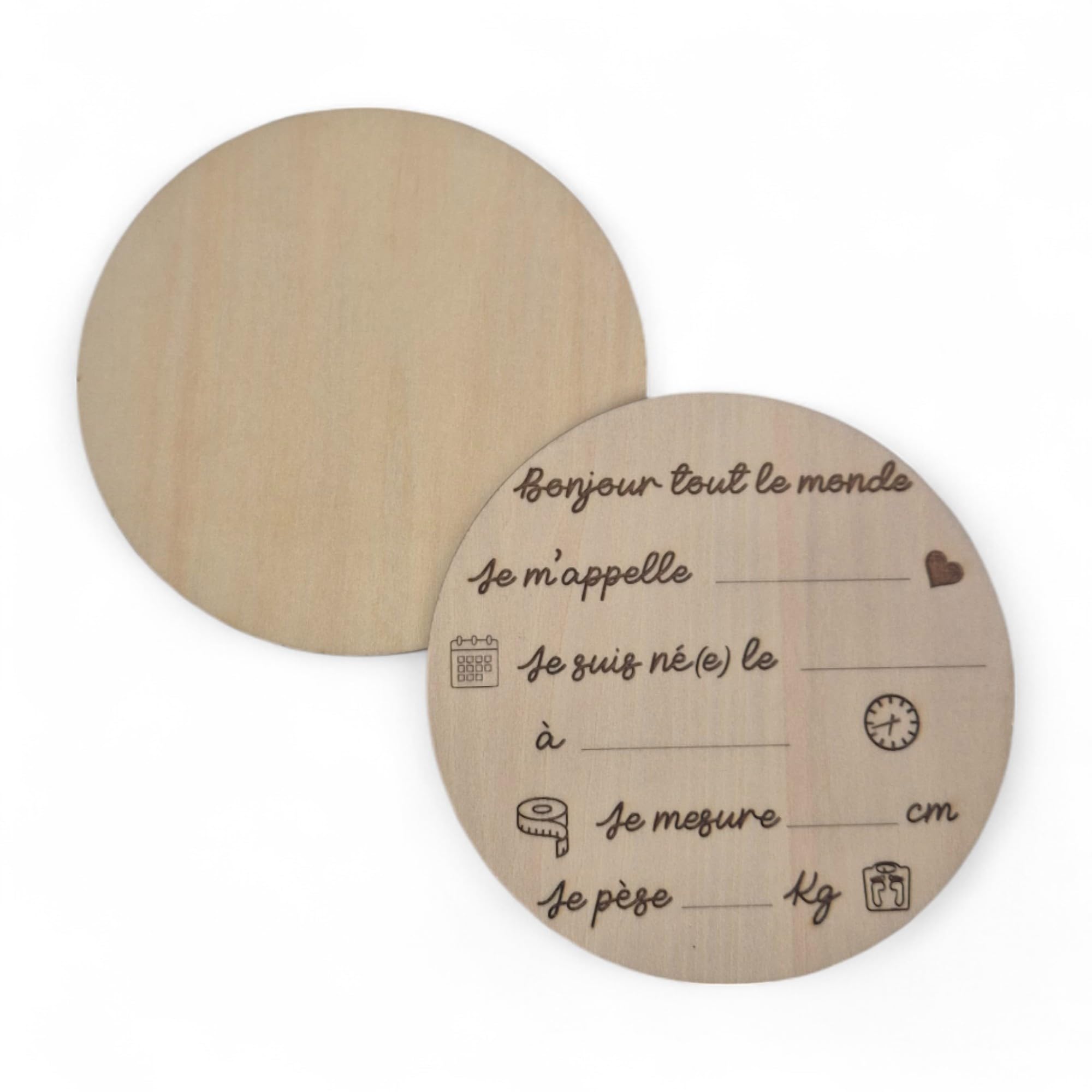 Plaque de Naissance Ronde en Bois, 12 cm, Inscription 'Bonjour tout le monde', Style Français
