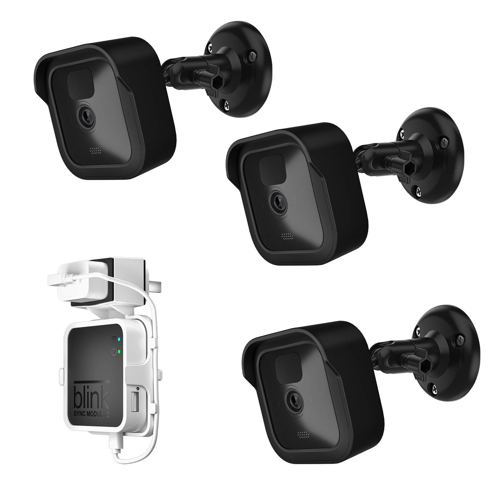 UIQELYS Wall Mount Bracket and Protective Silicone Skins for Blink Outdoor/Indoor, 360° Adjustable Holder with Blink Sync Module 1/2 Outlet Wall Mount, Blink Camera Cover Case (3Pack Black)