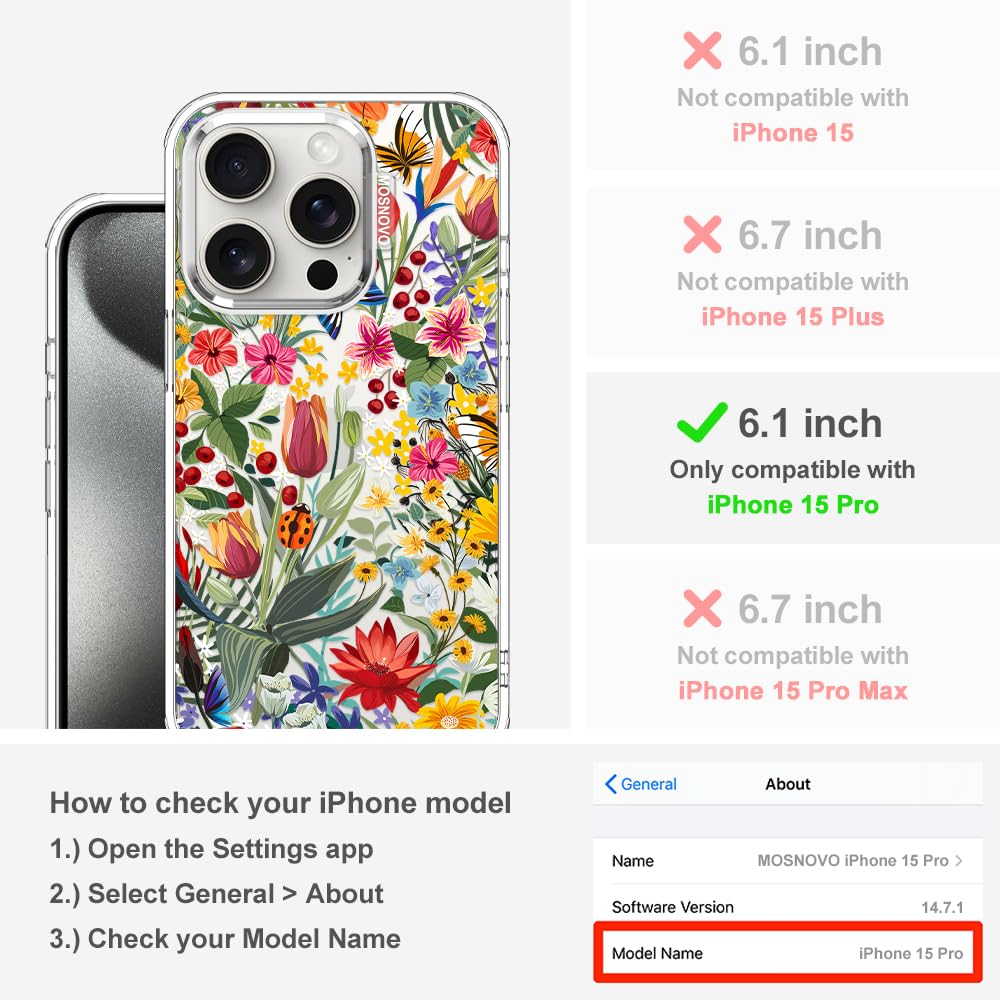 MOSNOVO iPhone 15 Pro case showcasing its 'In The Garden' design and protective bumper.