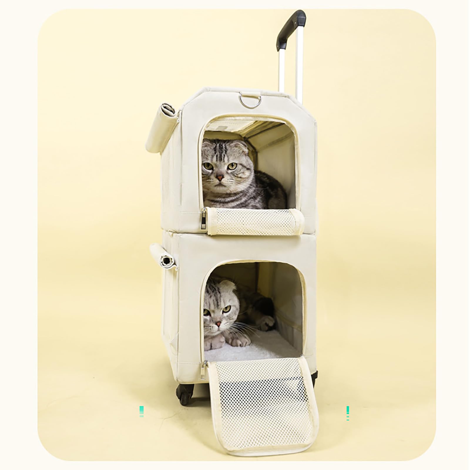 Sac De Transport à roulettes Double Couche pour Animaux De Compagnie avec FenêTres en Filet Et Tapis Amovible pour Deux Chats, Adapté Aux Avions, Au Camping Et à L'ExtéRieur, Blanc (Double Layer)