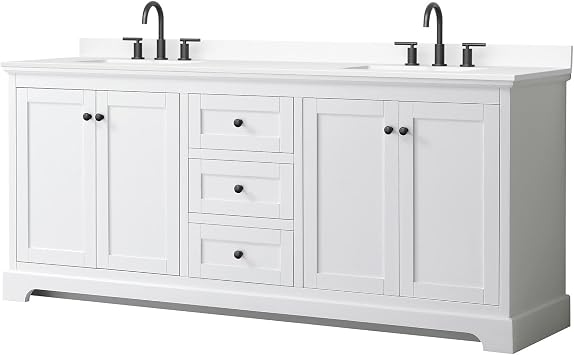 Wyndham Collection Avery 80 Inch Double Bathroom Vanity in White, White Cultured Marble Countertop, Undermount Square Sinks 3-Hole, Matte Black Trim