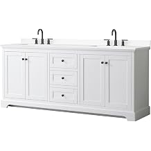 Wyndham Collection Avery 80 Inch Double Bathroom Vanity in White, White Cultured Marble Countertop, Undermount Square Sinks 3-Hole, Matte Black Trim
