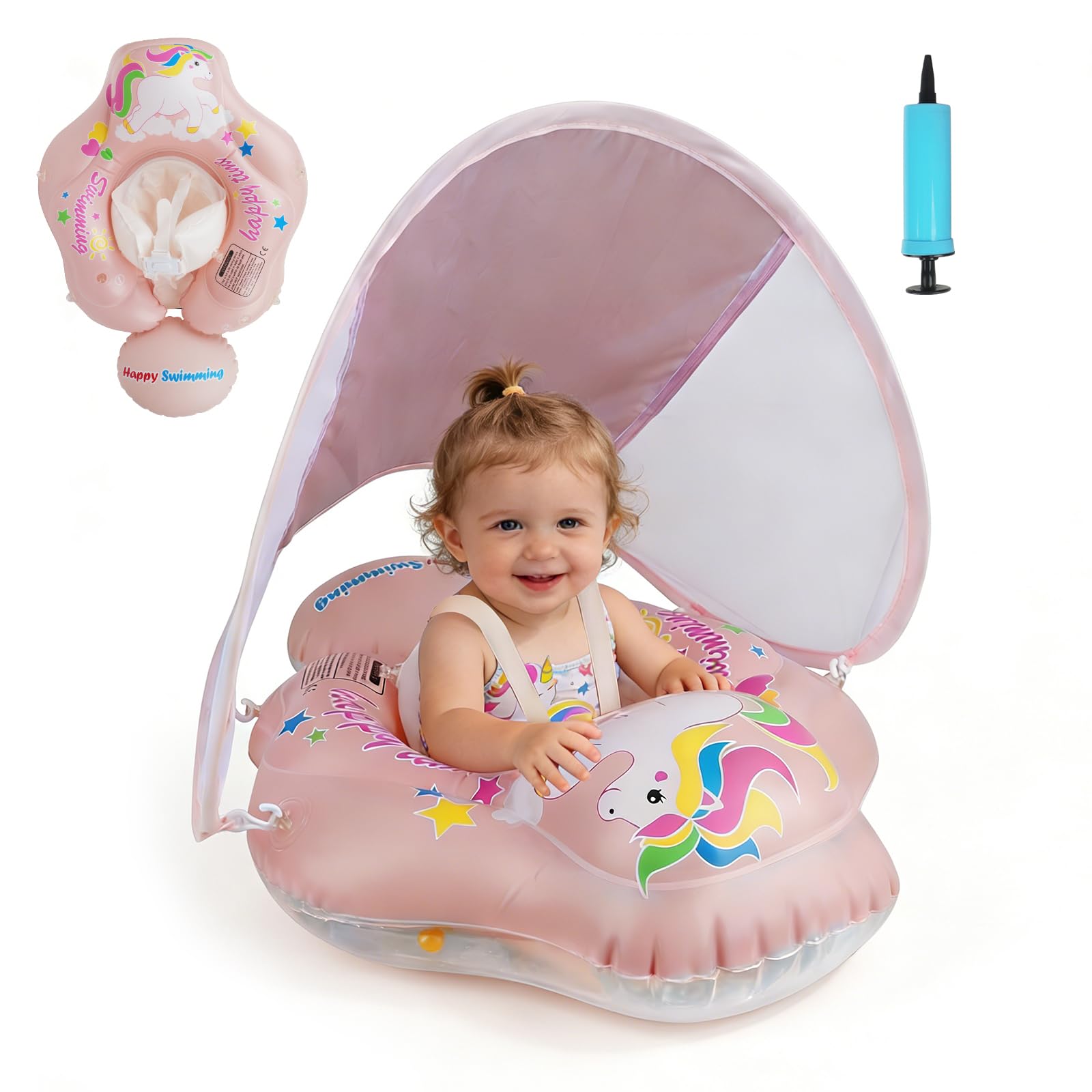 Salvagente Neonato con Parasole, Ciambella Neonato Mare con Sedile di Sicurezza Regolabile, Caratteristiche Antiribaltamento, UPF50+ Protezione UV, per Bambini da 6 a 36 mesi