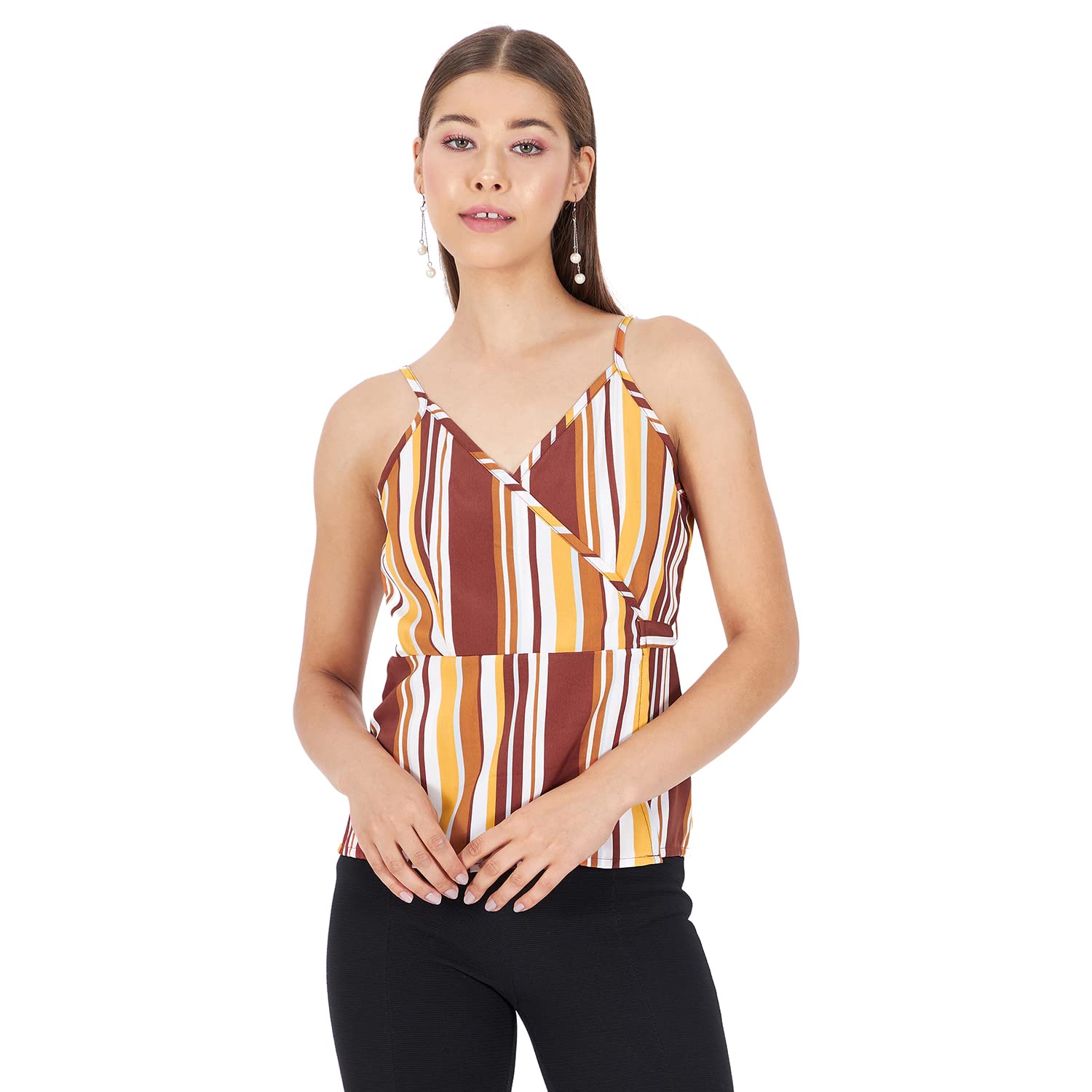 kibo Casual Women's Stripes Polyester V Neck Top Multi-picture-27