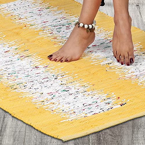 Savon Hand Woven Cotton Flatweave Area Rug 8X5 Woven Mustard Ikat Boho #TOP8