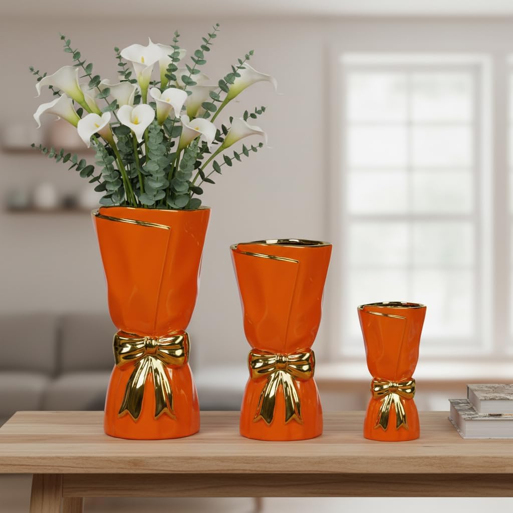 Orange Ceramic Vase for Pampas Grass, Bow Modern Vases Home Decor, 10 Inch Centerpiece Vase for Dining Table, Autumn, Kitchen Decor, Fireplace, Bathroom Decorations