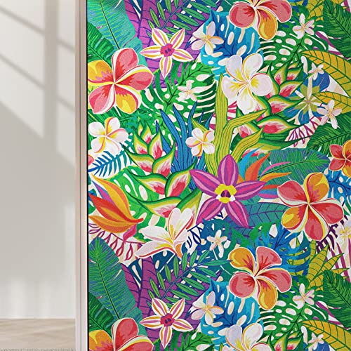 Jiffdiff 78.7" X 17.3" Window Film Window Privacy Film Stained Static Cling Glass Film Decorative Boho Tropical Frosted Glass Window Sticker Bathroom Window Coverings No Glue #TOP22