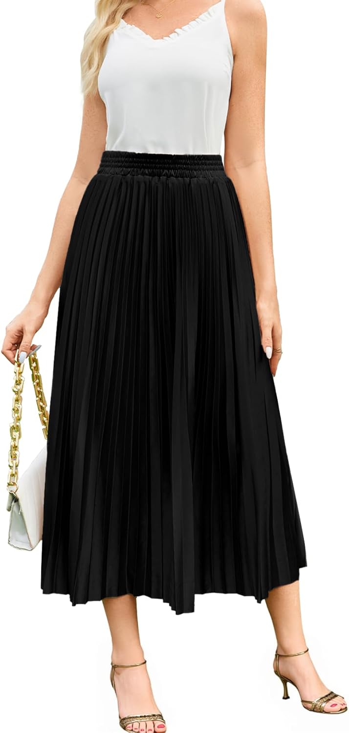 Flygo Pleated Skirts for Women Elastic High Waist A-Line Midi Skirt Casual Flowy Swing Pleated Skirt - Image 2