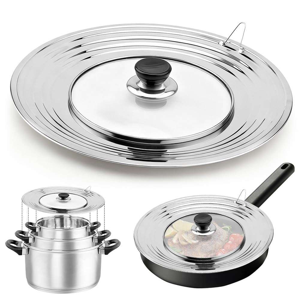 Coperchio universale per padelle, coperchio universale in acciaio inox, coperchio per pentola 24 cm/26/28/30/32 cm di diametro, coperchio in vetro resistente al calore per pentole e padelle