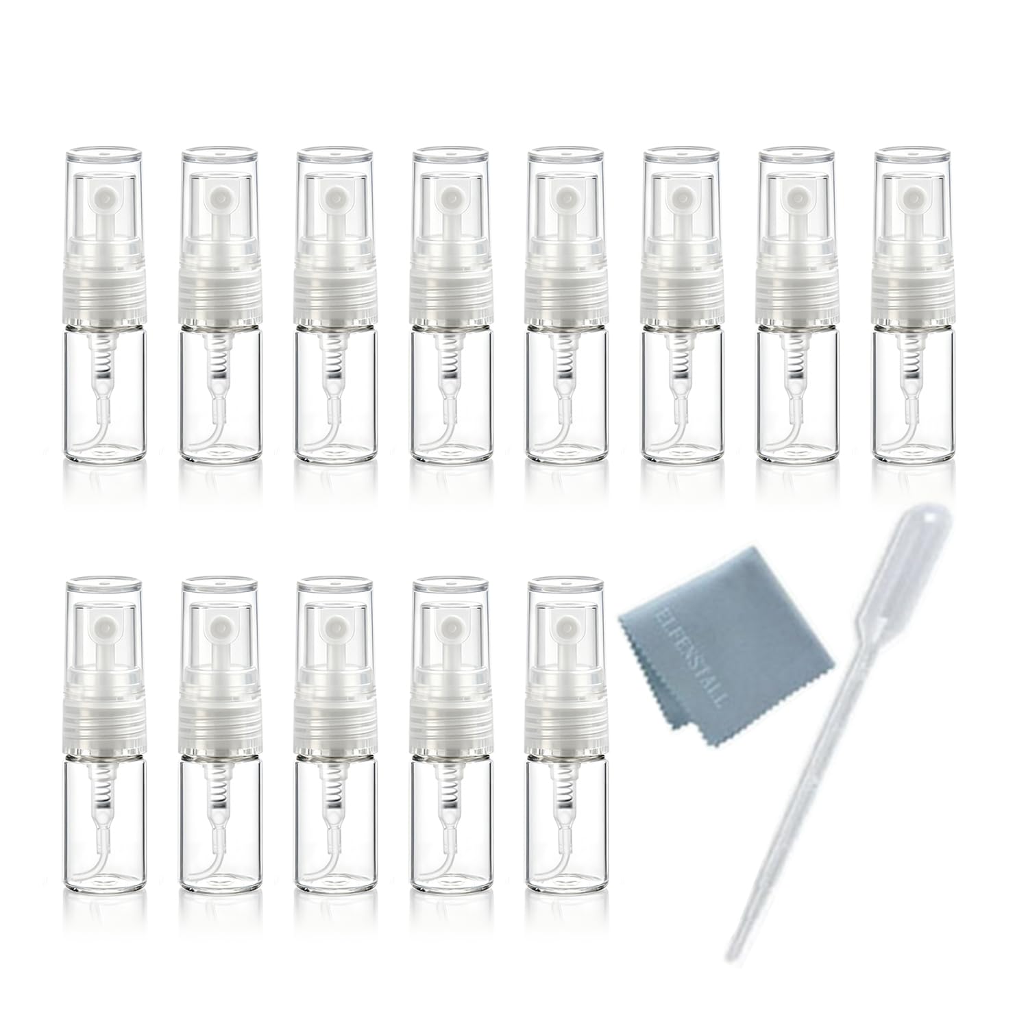 Mini-Zerstäuber, transparent, 2 ml, 5/8 Dram, feiner Nebel, Glasflasche, Spray, nachfüllbar, Parfüm, leere Probeflasche, Reinigungstuch für Reisen, Party, inklusive 3 ml Pipette, 10 Stück