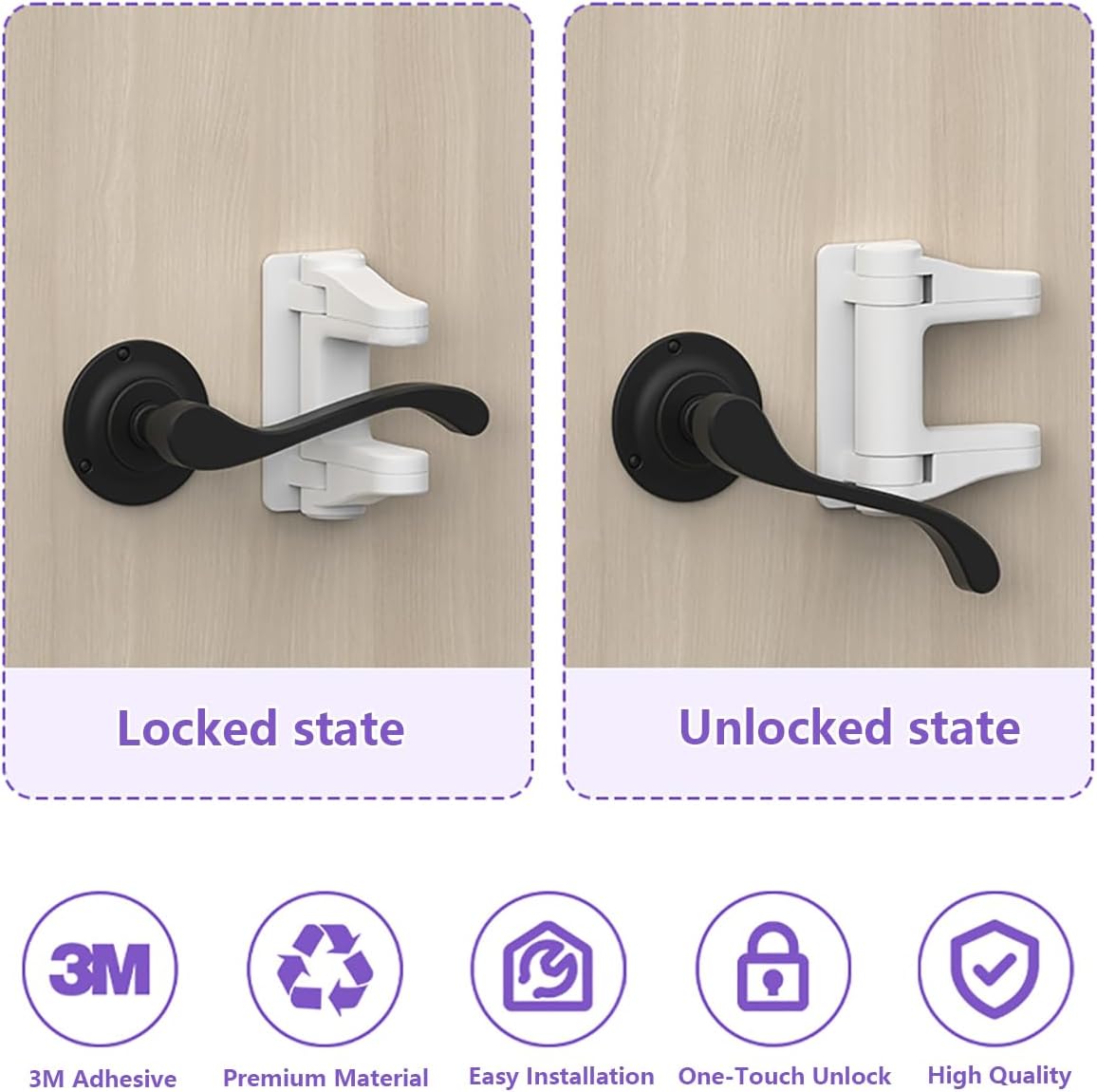 Baby Proof Door Lever Locks (4 Pack), Door Handle Child Locks with Adhesives, No Drilling No Tools Need, Easy Install, Childproof Door Lever Handle Lock For Kids Toddler Safety