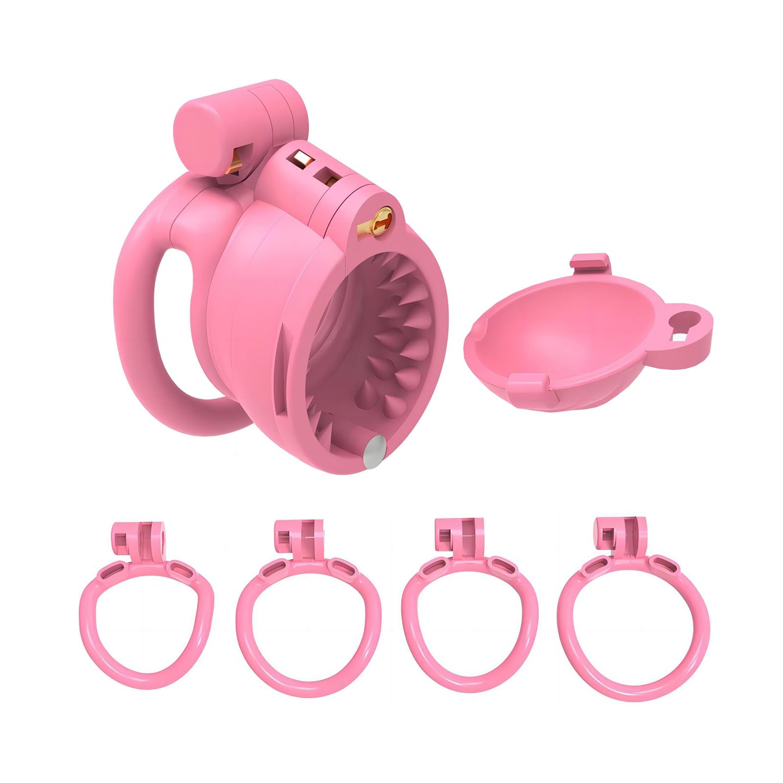 Cage de Chasteté en Résine de Nylon avec 30 Dents et 2 Serrures Cachées SM Jouets Sexuels Masculins Cage de Pénis avec 4 Anneaux Amovibles pour L'entraînement du Pénis Masculin (Arc Ring,Pink)