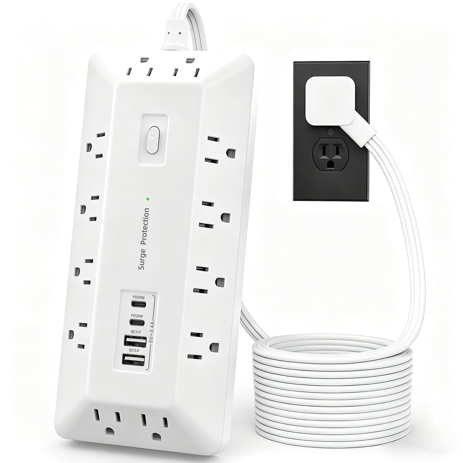 Ciabatta per computer con protezione da sovratensioni, 12 prese AC, 2 USB-C 2 USB-A, cavo di prolunga piatto da 1,8 m per stazione di ricarica