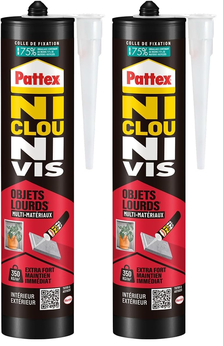 Pattex Ni Clou Ni Vis Fix Objets Lourds, Colle de fixation forte tous supports, colle de construction puissante et flexible, colle blanche, cartouche de 460 g (Lot de 2)