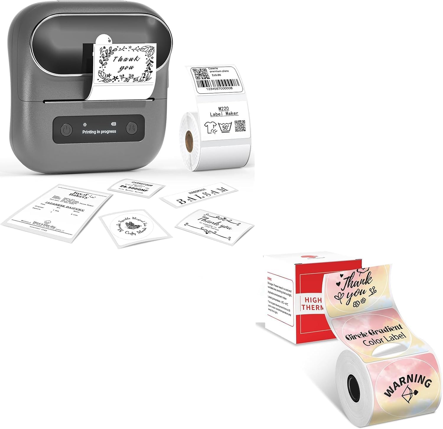 Phomemo M220 Label Maker & 1 Roll Thermal Round Gradient Rainbow + 1 Roll Labels, Label Makers Upgrade,3.14 Inch Portable Thermal Printer Support 20-80mm Width Label