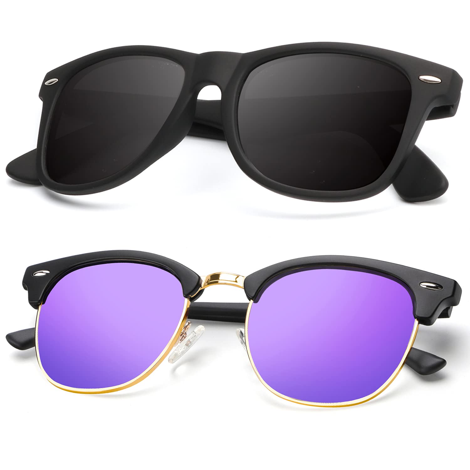 KALIYADI Polarized Sunglasses for Men and Women Semi-Rimless Frame Driving Sun glasses UV Blocking B17-(2 Pack) Matte Black | Purple | Golden Rim / Matte Black Multicoloured