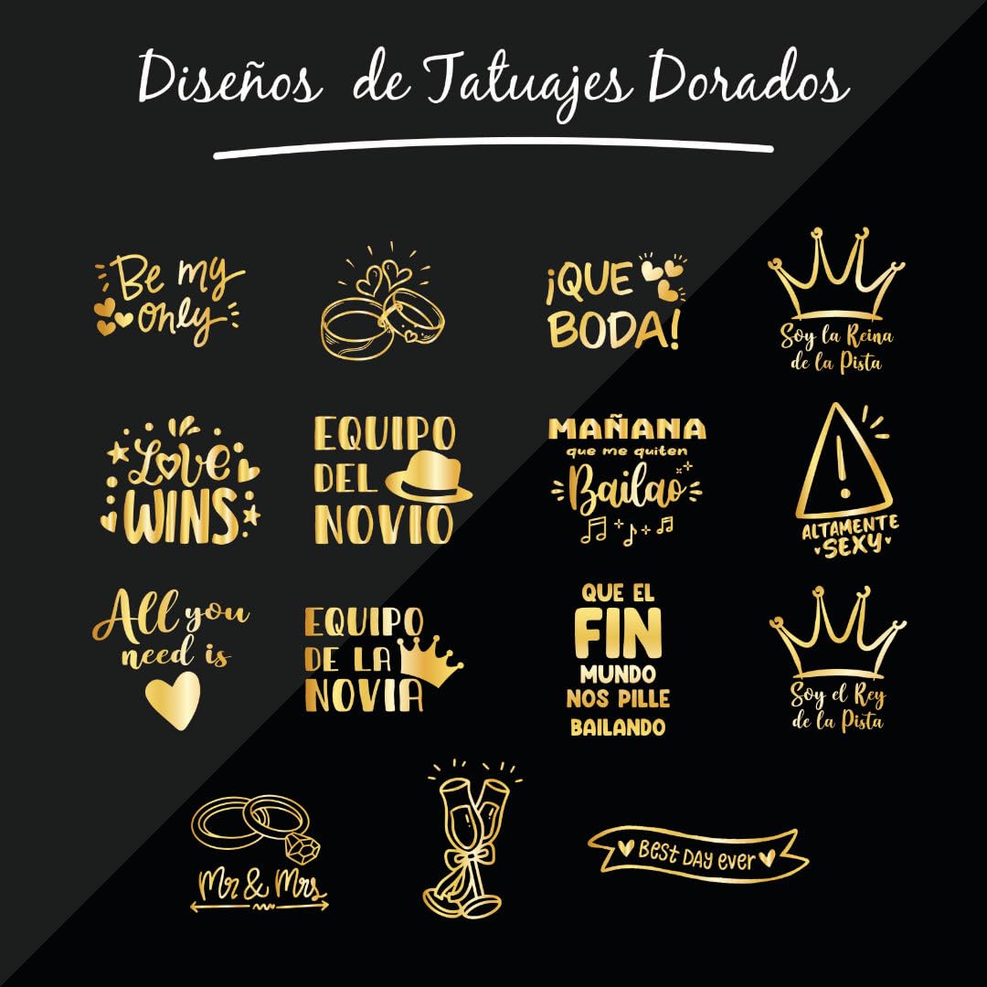 Tatuajes temporales boda - Set 60 tatuajes temporales para boda dorado - Calcomanías para bodas con diseños variados - Tatuajes para bodas, dorado metalizado