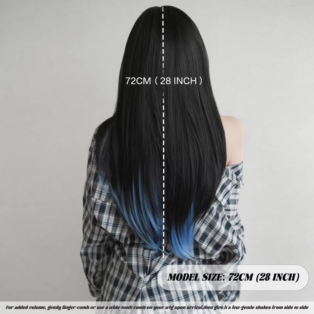 Haarpflege Lange Gerade Geschichtete Schwarze Blaue Perücke Für Frauen Bescheidene Wear and Go Perücken Mit Ordentlichem Pony