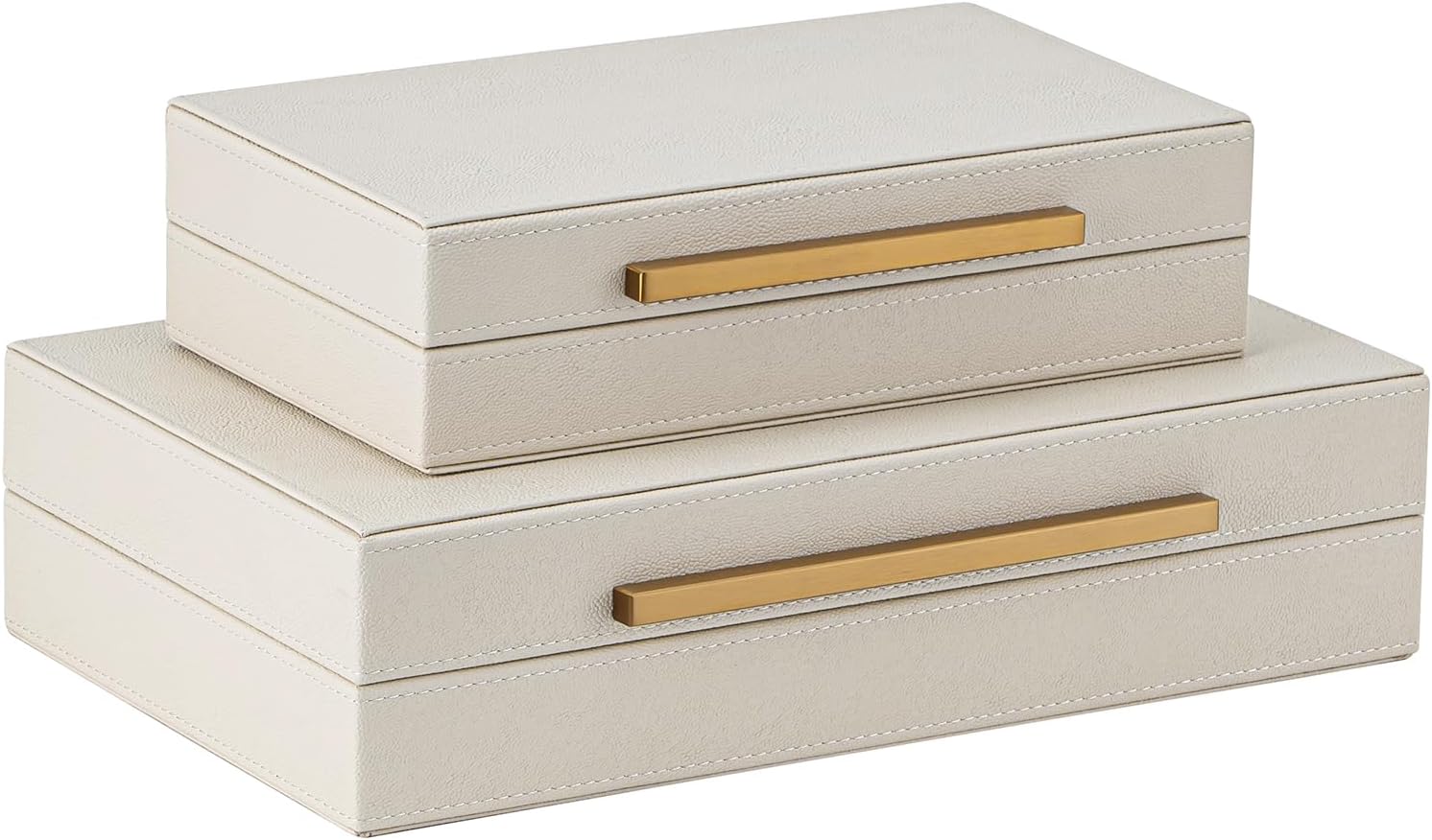 Faux Leather Large Modern Stackable Nesting Jewelry Box with Lids Organizer – Set of 2 Beige Shagreen Decorative Storage Boxes with Gold Metal Handles