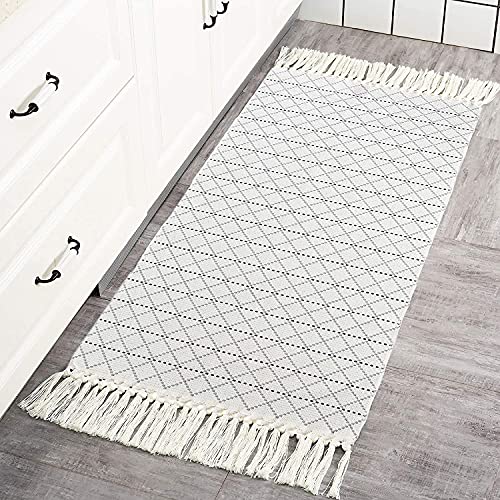 hi-home Boho Teppich, Baumwolle Gewebte Teppiche mit Quasten Gitter Muster Waschbar Teppich Retro Läufer für Wohnzimmer Schlafzimmer Eingangstür Küche 60x130cm (Grau) Cover