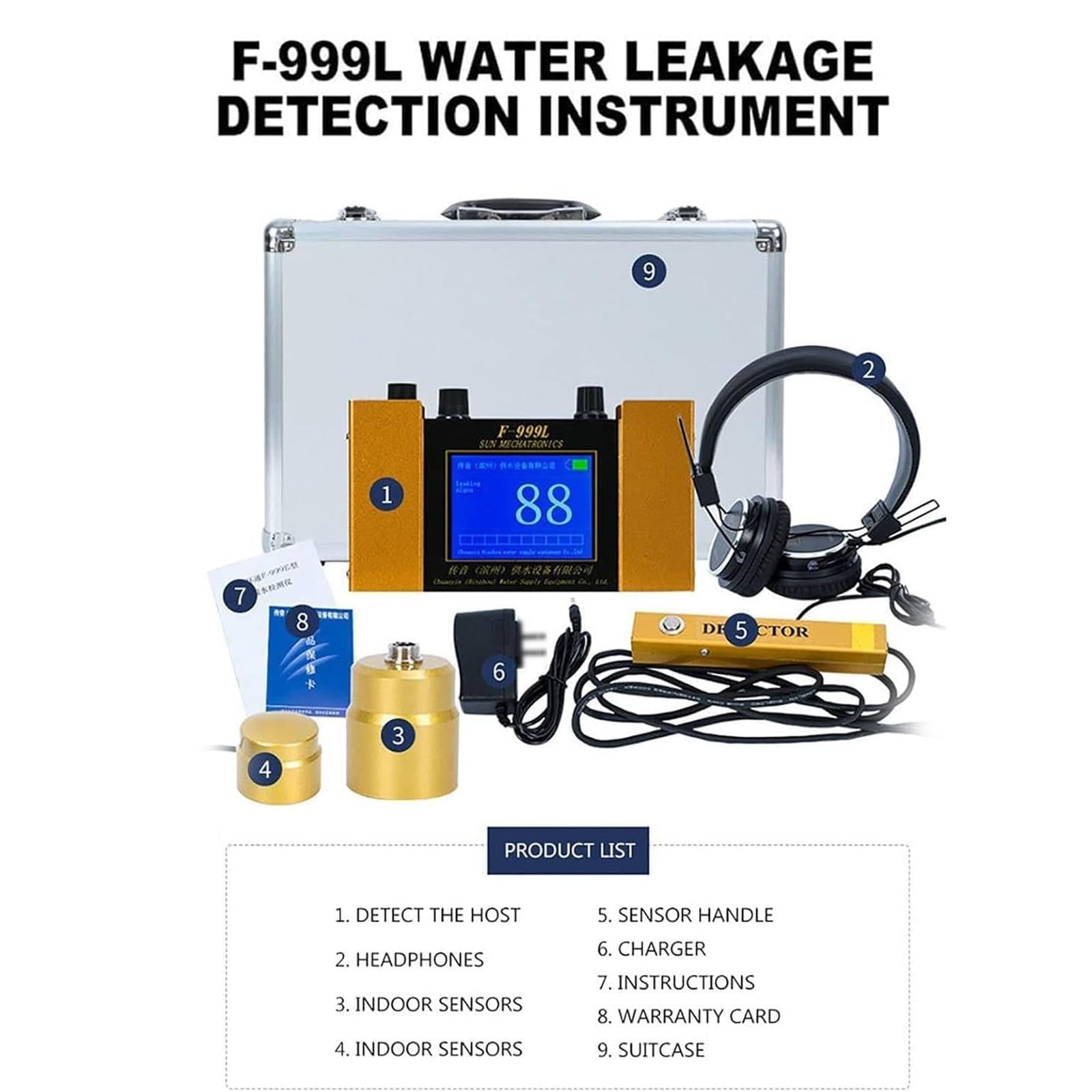 DéTecteur D'Eau Souterrain, 200 Hz-3000 Hz Hz RéGlable En Continu, Moniteur De Fuite De Tuyaux D'Eau Souterraine Avec Affichage NuméRique Et éCouteurs Pour DéTection