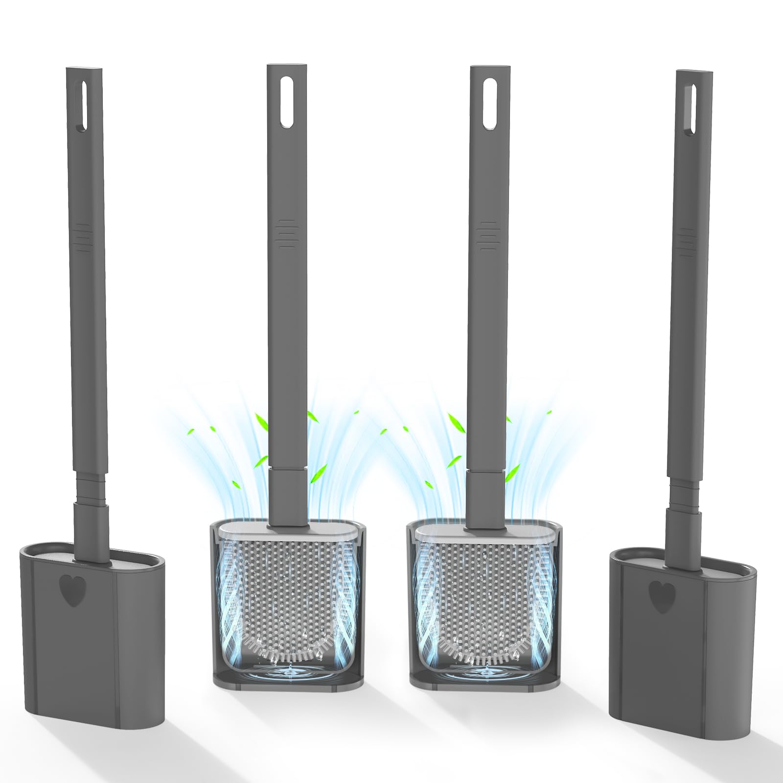 Toilet Brushes, 4 Pack Bathroom Silicone Toilet Brush with Holder Sets with No-Slip Long Plastic Handle and Soft Flexible Bristles, Toilet Brushes and holders and Base for Anti-drip (Gery)