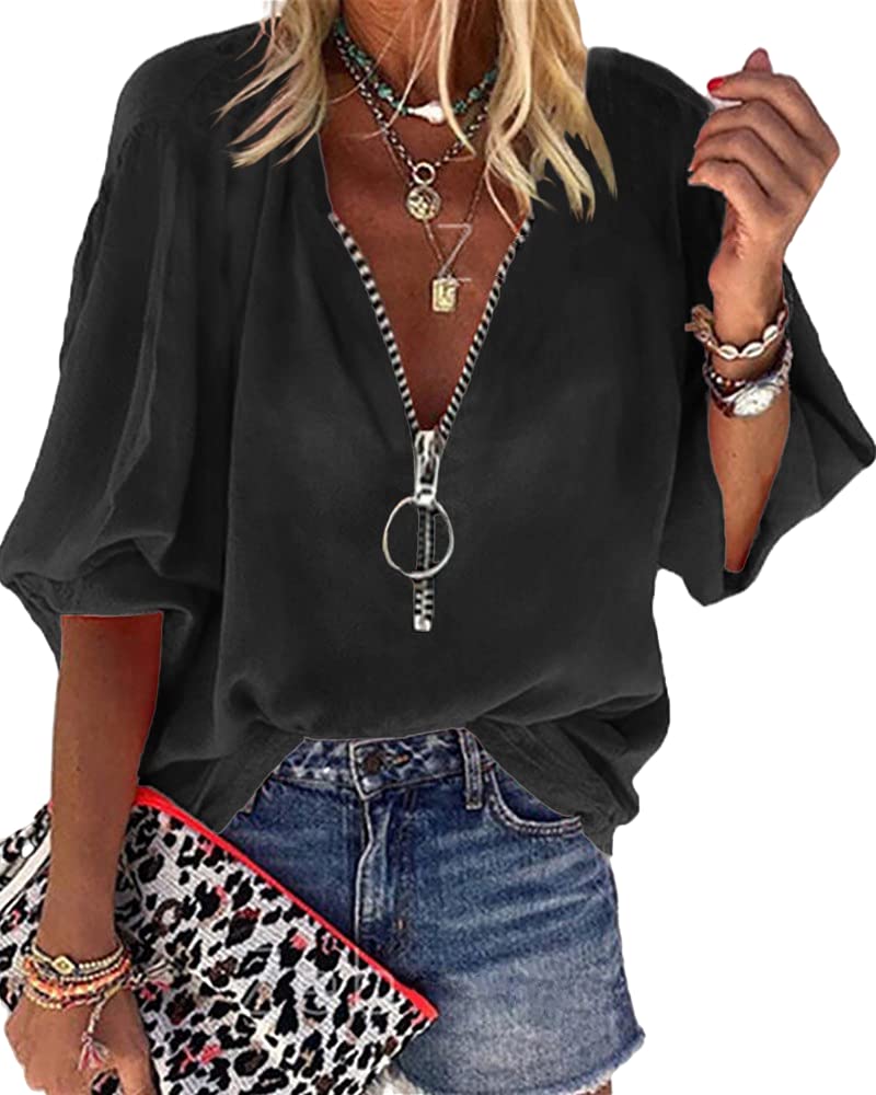 Cnkwei Womens V-Neck Lantern Sleeve Blouse Zipper Design Loose Casual Top Shirts