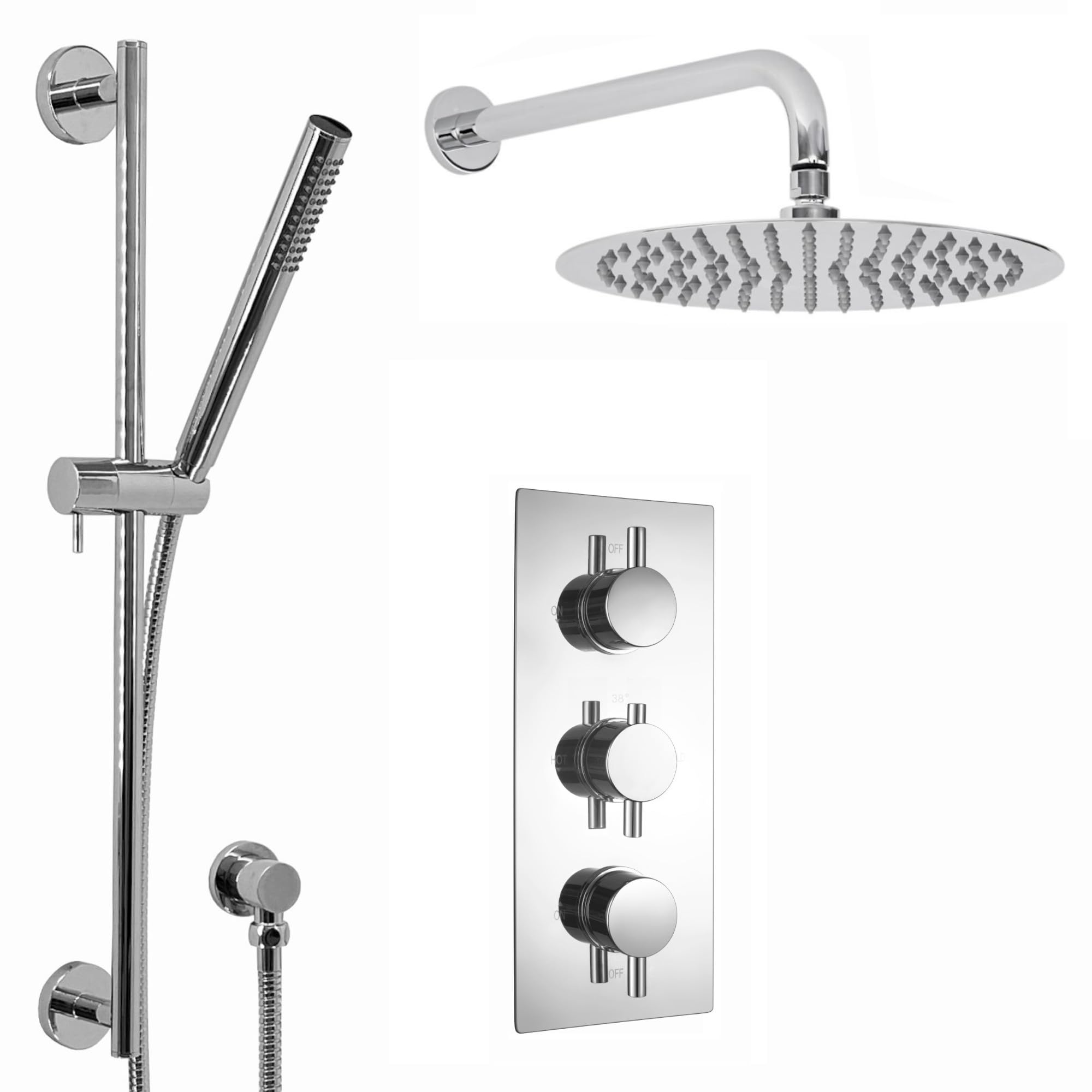 ENKI, Naples, SH0095, Contemporary Cross Concealed Thermostatic Shower Set Incl. Triple Valve, Wall Fixed 8" Shower Head, Slider Rail Kit - Chrome (2 Outlet)