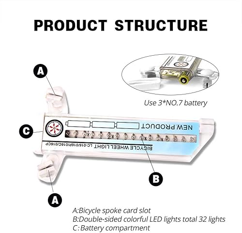 Miniatura 4 de Yunobi Luces de rueda de bicicleta - Luz de neumático de rueda, 32 patrones atractivos luz de bicicleta de doble pantalla radios luz de conducción