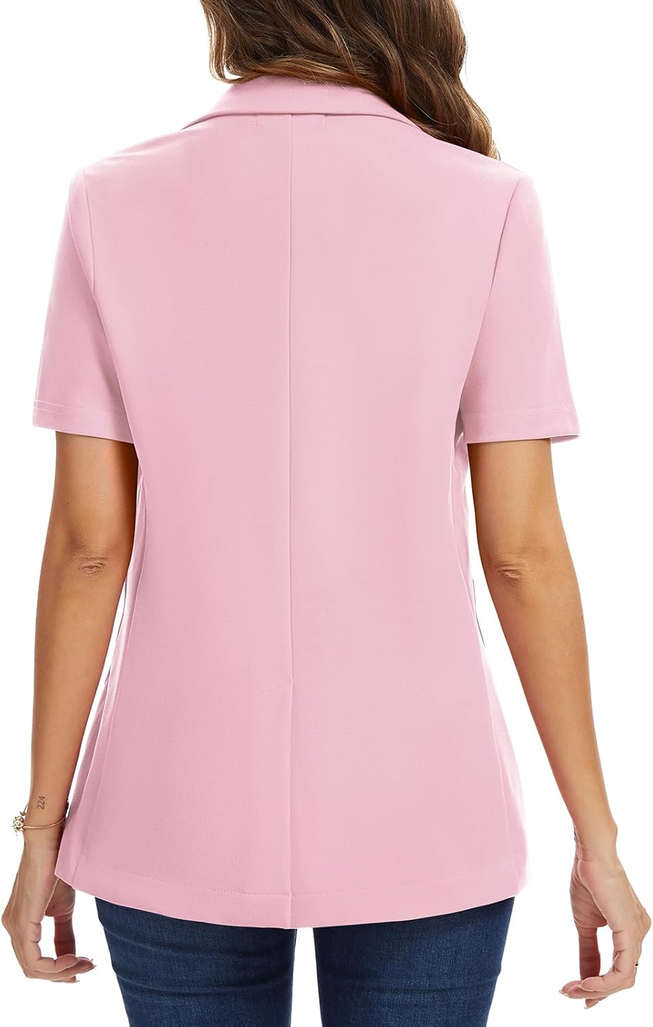 Women's Short Sleeve Blazer Casual Notched Collar Solid Color Jacket Button Front Work Office Suit with Pockets